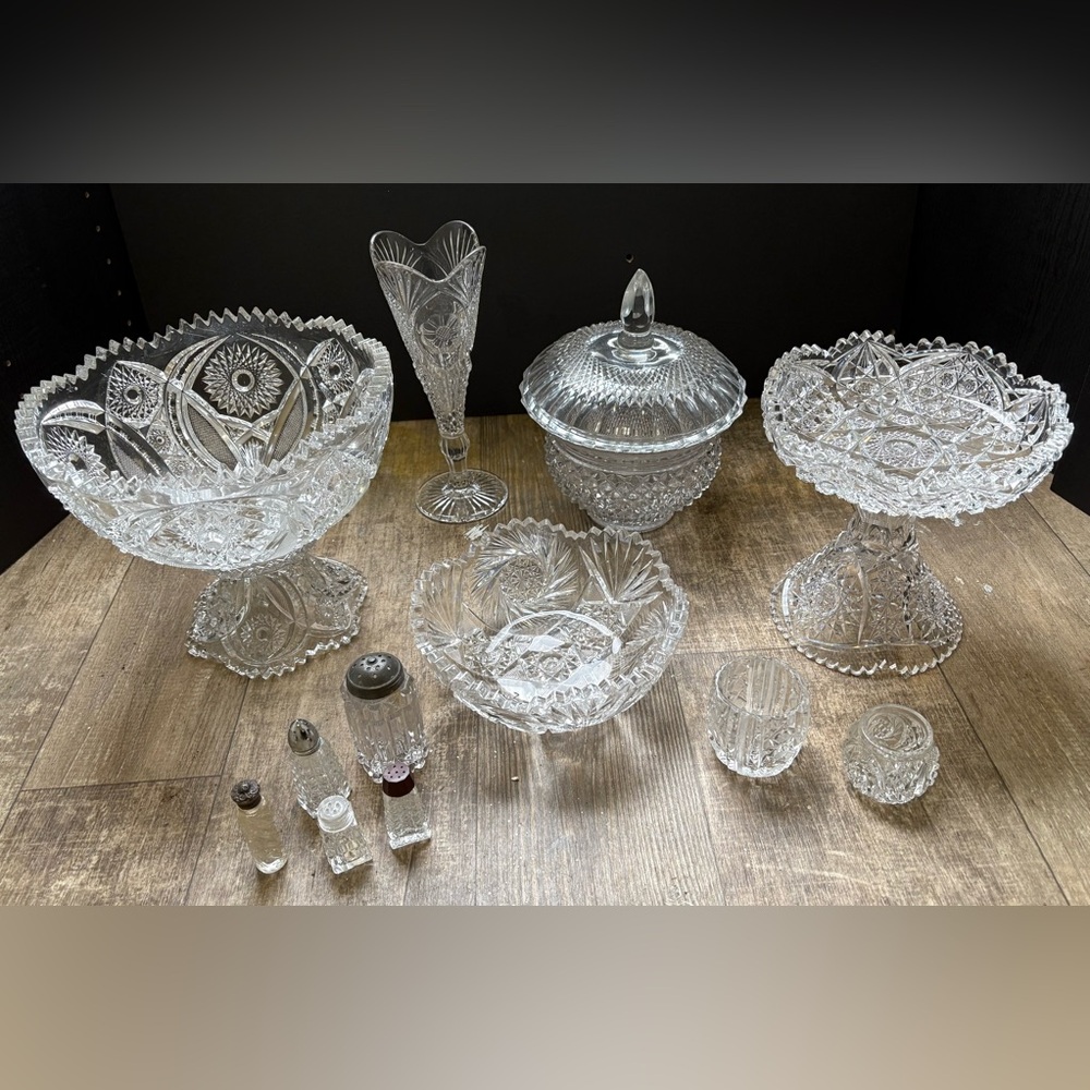 VTG American Brilliant Period Cut Crystal Lot | Large Bowls, Vase, Compote